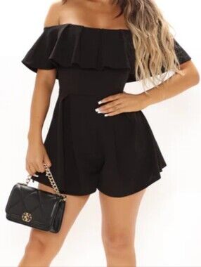 Fashion Nova Off-Shoulder Navy Romper with Ruffle Neckline